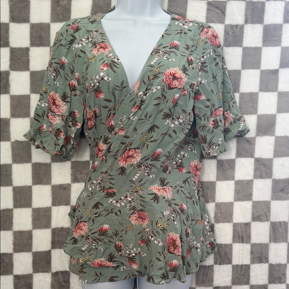 LOFT Sage Green Floral Wrap Blouse
